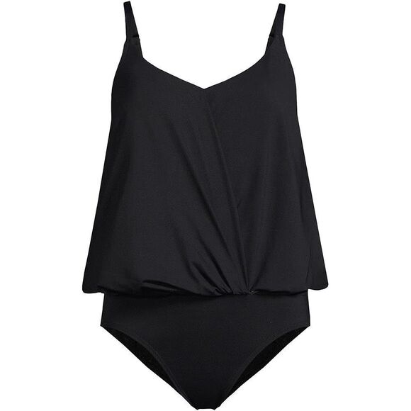 Land's End Blouson V neck Adjustable Fauxkini One Piece Bathing Suit Black Var - Picture 3 of 6